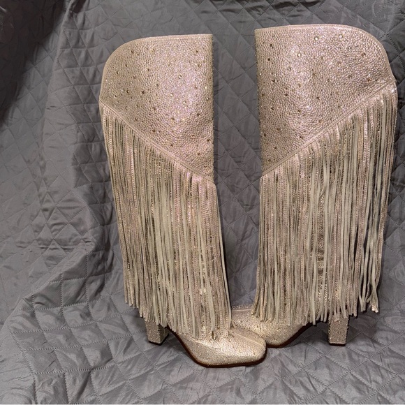 Jessica Simpson Asire2 Champagne Fringed Western Heeled Rhinestone Boots Size 7 - Picture 2 of 11